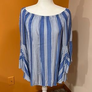 Fever Blue/White Striped Bell Sleeve off the Shoulder Blouse